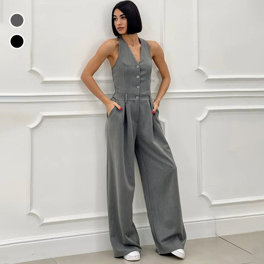 Isla™ | Mouwloze Jumpsuit met Wijde Pijpen en Knoopsluiting